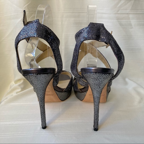 Jimmy Choo Vamp Metallic Slingback Wrap Sandals Platform Heels Glitter Silver - Picture 7 of 12